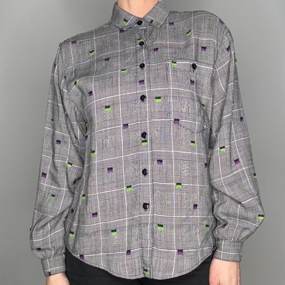 Vintage 80s 90s Button Up Linen Blend Shirt | Embroidered, Textured - Picture 5 of 15